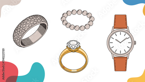 Collection of various luxury accessories including a textured band ring pearl bracelet diamond engagement ring and leather strap watch.