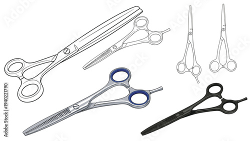 Set of different hairdressing and barber scissors including professional shears and thinning scissors shown in various styles.
