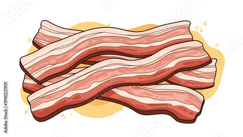 Appetizing illustration of several strips of crispy cooked bacon with fat and meat layers on a warm yellow background.
