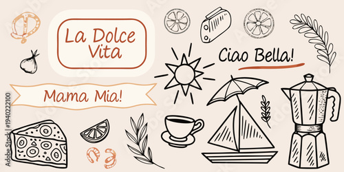 Italian themed doodles with lettering food and travel elements