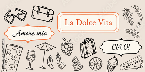 Italian travel themed illustration with sunglasses suitcase and lettering