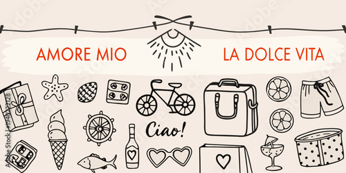 Travel themed illustration with italian phrases and hand drawn summer objects