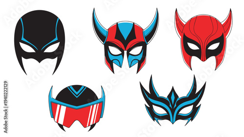 Selection of colorful superhero and masquerade masks features various shapes and designs including bat wings, horns, and visors.