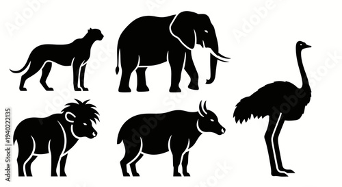 Black Silhouettes of African Safari Animals: Elephant, Ostrich, Buffalo, Wild Boar, and Feline