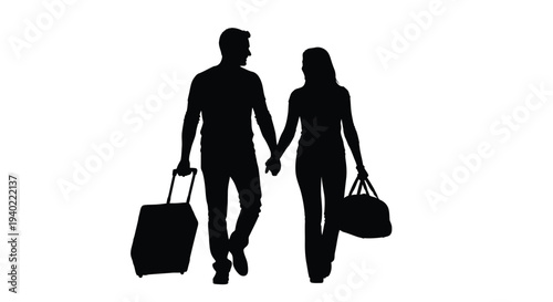Couple walking with luggage enjoying travel together a dark silhouette