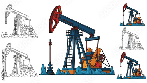 Oil pumpjack used for petroleum extraction is shown in various illustrative styles from detailed color to simple black and white outlines.