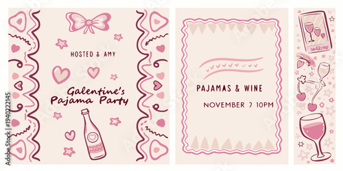 Galentine s party invitation designs with pink illustrations and celebratory elements