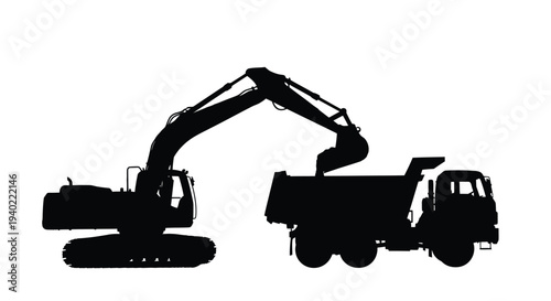 Construction machinery including excavator and truck shown in black silhouette