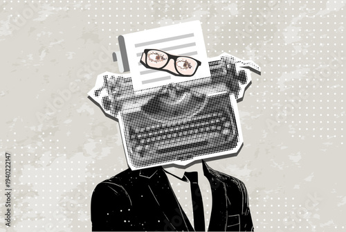 Trendy Halftone Collage of a man with a typewriter  instead head.