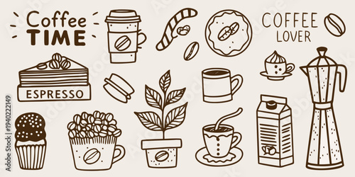 A charming doodle collection featuring coffee sweets and related elements
