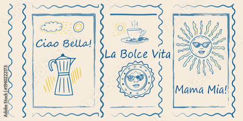 Italian themed postage stamps with coffee sun and playful illustrations
