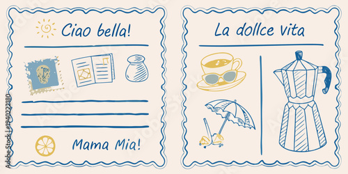 Italian themed postcards with doodles and handwritten phrases
