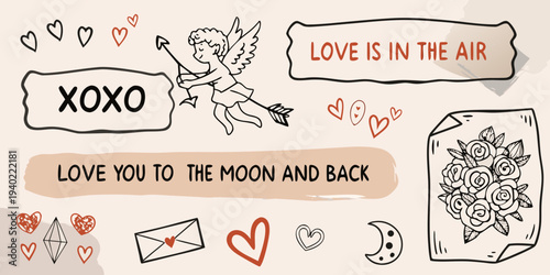 Valentine s day themed doodle with cupid hearts and love messages