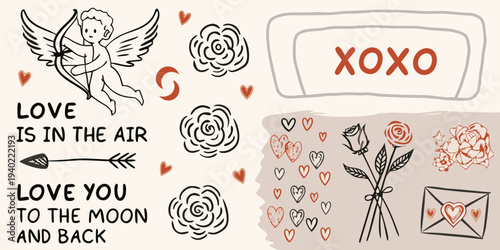 A romantic illustration featuring cherubs roses and loving messages