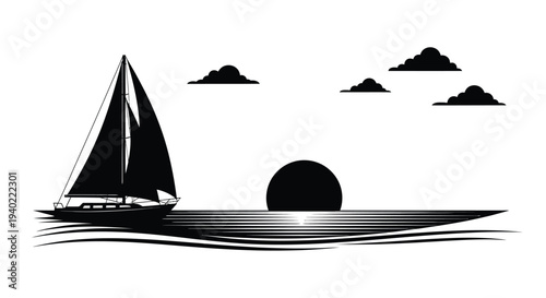 A serene sailboat scene with a setting sun presented as a silhouette