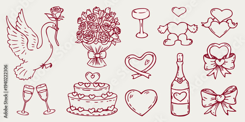 Romantic sketches of roses hearts champagne and wedding elements
