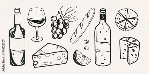 A curated collection of wine cheese fruit and bread sketches