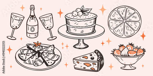 Celebratory doodles featuring champagne cake cheese fruit and sweet treats