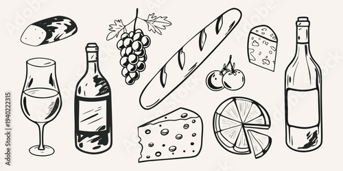A sketched arrangement of wine cheese bread and fruit for a picnic