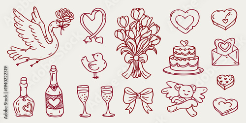 Romantic doodle set featuring a swan flowers cake and love symbols