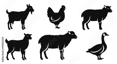 Collection of Farm Animal Silhouettes: Goat, Chicken, Sheep, and Goose Icons