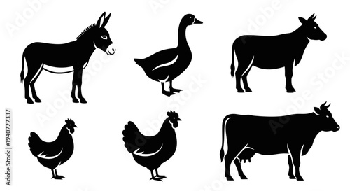 Collection of Farm Animal Silhouettes: Donkey, Goose, Cow, Chicken Icons