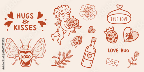 Romantic doodles featuring a cupid flowers insects and loving messages
