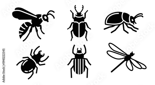 Collection of Insect Silhouettes: Wasp, Beetles, and Dragonfly Vector Icons