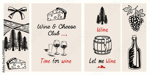 Wine and cheese themed bookmarks with sketches of nature and bottles