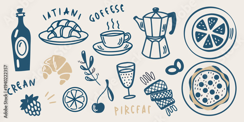 A charming illustration of breakfast items including coffee pastries and fruit