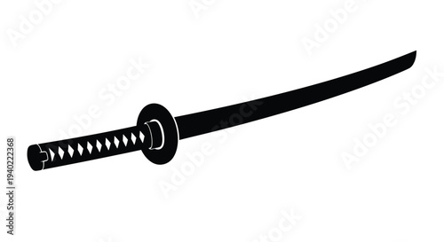 A black katana sword depicted in a striking minimalist silhouette