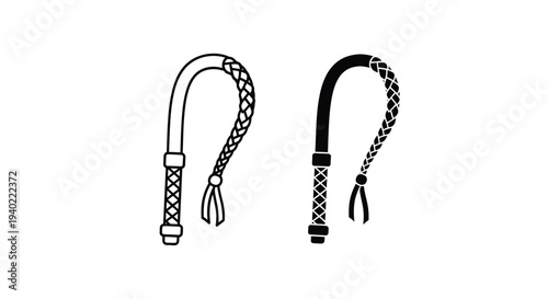 Two braided whips with detailed handles a striking black silhouette