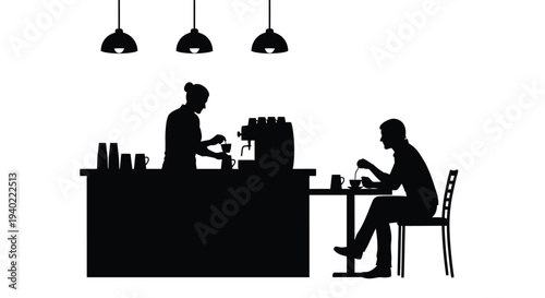 Cafe scene with barista and customer in stark black silhouette