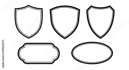 Five shield shapes and two frames in a black outline silhouette