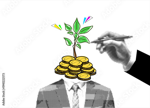 Trendy Halftone Collage businessman hand drawing golden stack of coins and plant instead head. Meaning income from investment. Concept of business strategy, investment, development, market, finance.	