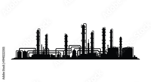 Industrial complex with towers pipes and tanks a dark silhouette