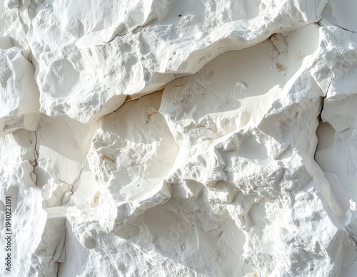 Close-up texture of bright white chalk or limestone rock face with deep shadows.
