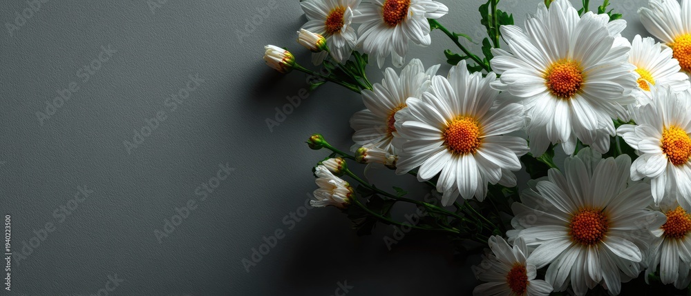 Fototapeta premium Elegant White Daisies Against Gray Background: Nature's Simple Beauty and Serenity