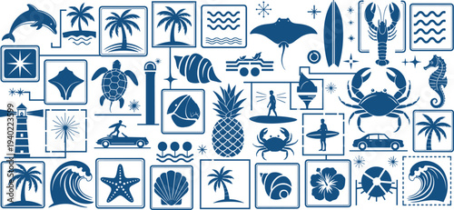 Collection of summer vacation beach icons featuring palm trees marine life surfing and tropical elements in a cad drawing flat vector illustration