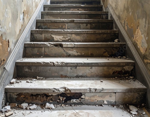 A dilapidated staircase with worn steps and damaged walls