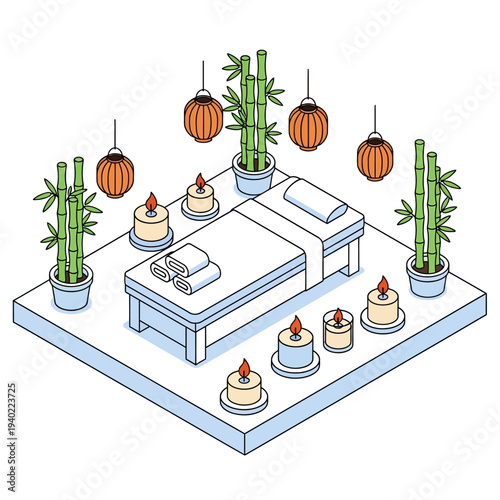 Isometric illustration of a serene spa room with bamboo plants and candles.