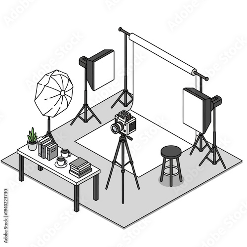 Professional photography studio setup with equipment and backdrop.