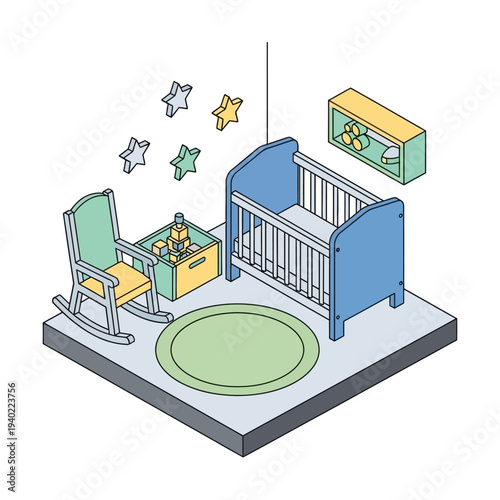 Isometric illustration of a baby's nursery with crib and changing table.