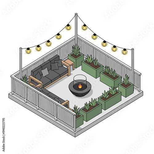 Cozy outdoor patio with fire pit and string lights.