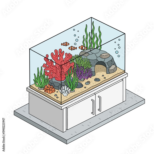 Modern Aquarium with Decorative Fish and Plants.