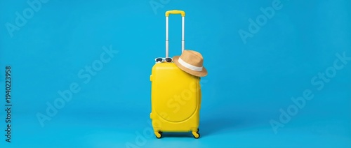 Exciting travel adventure with yellow suitcase and hat beach destination lifestyle shot bright blue background vibrant concept for vacation planning