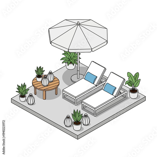 Isometric illustration of a serene outdoor patio with lounge chairs and potted plants.