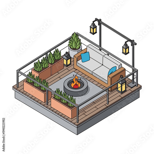 Cozy rooftop patio with fire pit and modern furniture.