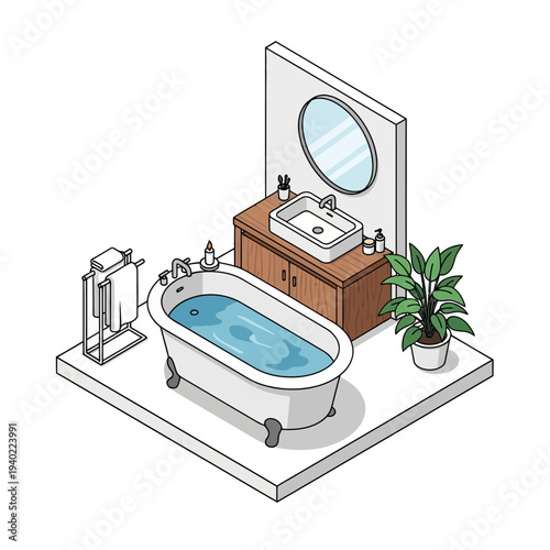 Isometric Bathroom Interior with Bathtub and Sink.