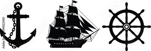 Anchor silhouette icon, sailing ship vector, nautical wheel design, maritime symbol illustration, sea travel graphic, ocean navigation art, marine heritage